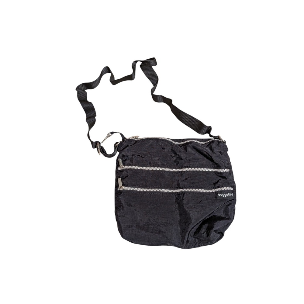 Baggallini Black Crinkle Nylon Triple Zip Crossbody Bag Travel Organizer Purse